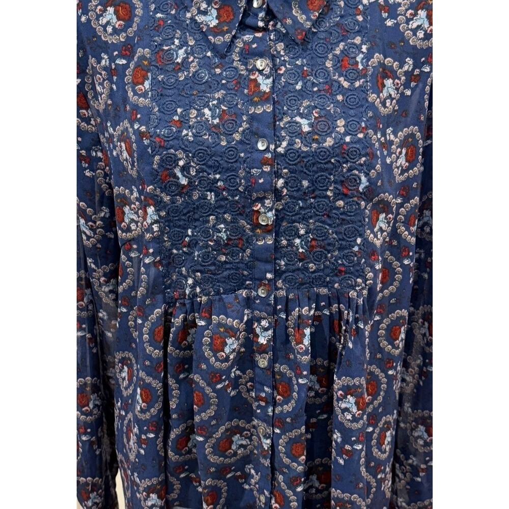 Tantrums Red White & Blue Floral Peasant-Style Sheer Blouse SZ XL Embroidery - Picture 12 of 14